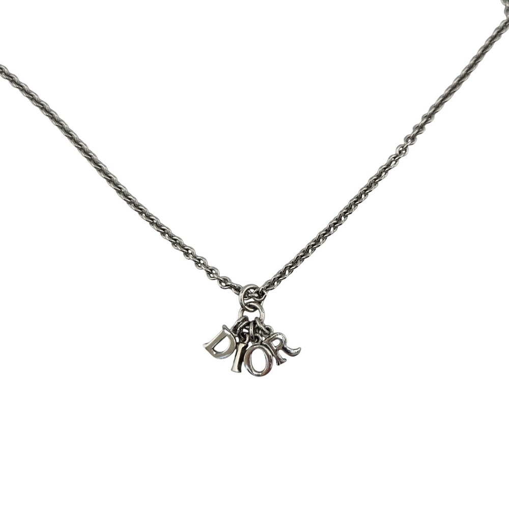 Christian Dior Silver Tone DIOR Logo Letter Charm Necklace CD Tag Adjustable